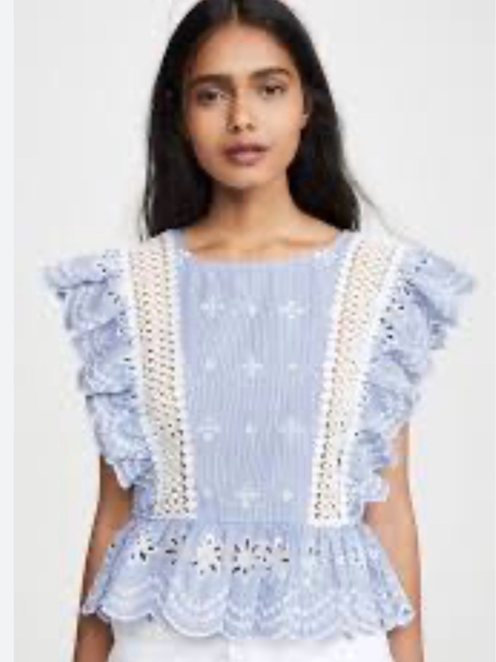 Jennifer & Grace 100% Cotton M Blue Eyelet Embroidered Ruffle Sleeve Peplum Top